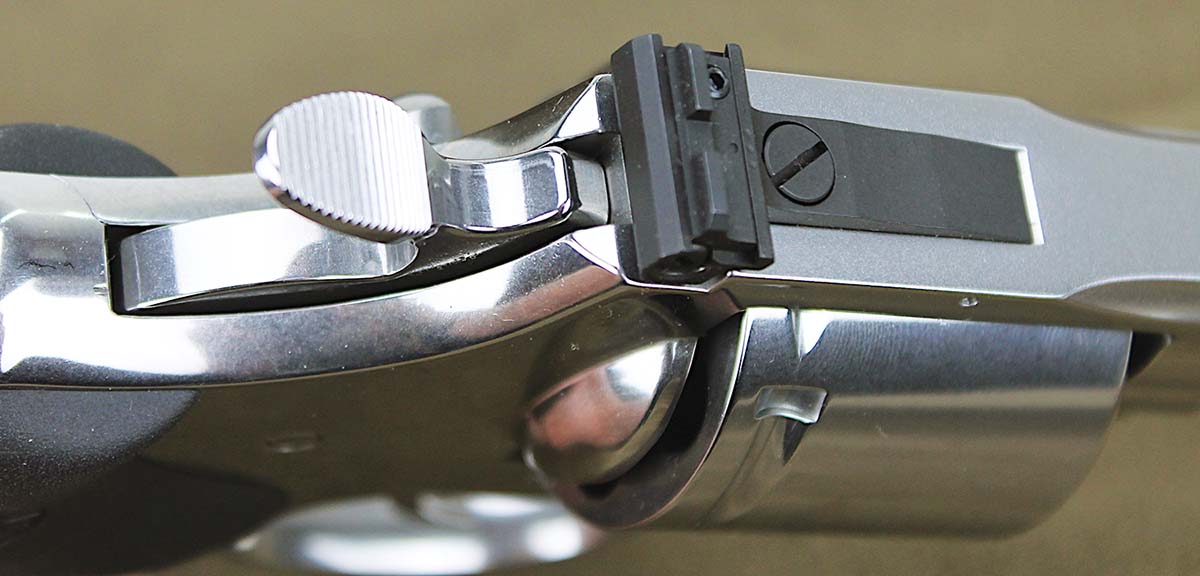 The rear sight is adjustable for windage and elevation, an absolute accuracy requirement for shooting multi-caliber revolvers.